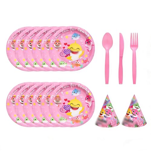 Shark Birthday Party Supplies Set Paper Plates Party Hats Tableware 7-inch 9-inch 10-piece Set Kids Birthday Themepink (pink)