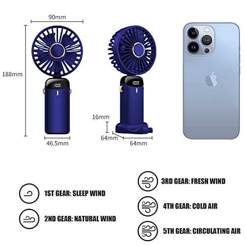 Jsdoin Hand Held Fan,Portable Handheld USB Rechargeable Fans with 5 Speeds,Battery Operated Mini Fan Foldable Desk Desktop Fans with LED Display for Home Office Bedroom Outdoor Travel (DarkBlue) - Image 3