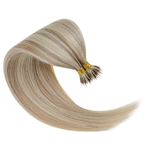 Nano Ring Human Hair Extensions 22 Inches Ash Blonde Highlighted with Bleach Blonde Nano Tip Hair Extensions 50 Grams 50 Strands