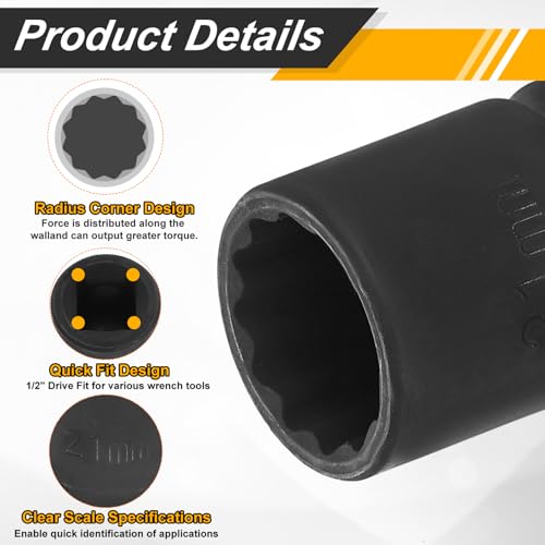 Image of HARFINGTON 2pcs 1 /2 inch Drive x 21mm Shallow Impact Socket 12-Point Metric CR-V Steel Spindle Nut Impact Flip Sleeve for Home Auto Nuts Bolts Repair