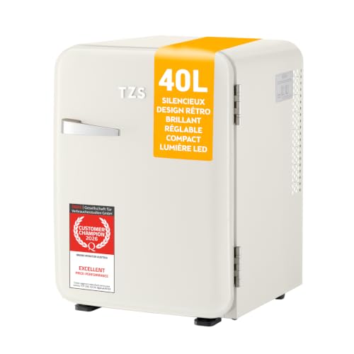 TZS First Austria - Mini Réfrigérateur Rétro 40L silencieux - Petit Minifrigo design vintage avec lumière intérieure et 2 compartiments de porte - Minibar...