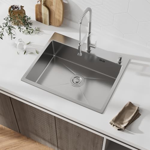 Fregadero Cocina 50x45 cm, STANEW Fregadero Cocina 1 Seno,Fregadero Inox con Dispensador de Jabón y Sifón，Sobre Encimera,Adecuado para Cocinas Pequeñas y Autocaravanas.