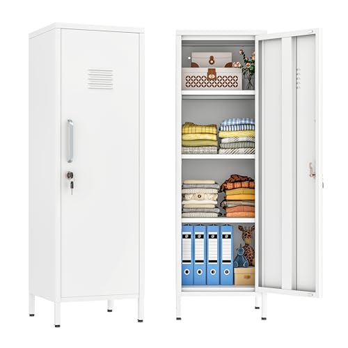 White Metal Locker Cabinet, 47\" H Home Office Storage Lockers, Vertical Steel Storage Cabinet with Locking Door and 3 Adjustable Shelves, Garage Tool File Cabinets for Home Office,Garage,Bathroom