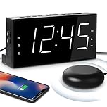 Mesqool Loud Alarm Clock with Bed Shaker for Deaf, Heavy Sleepers, Hearing Impaired,Dual Alarm,USB Phone Charger,Large LED Display,Big Snooze Button,DST 12/24H,Battery Backup, Adjustable Dimmer(White)
