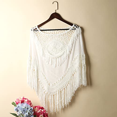 Sundial Boho Crochet Fringe Poncho Beach Top Knited Cover Up Cotton Blend Handmade Macrame Design with Tassels3