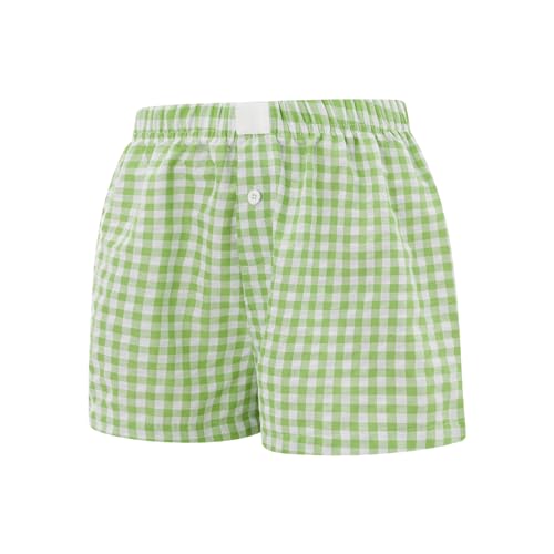 Image of Y2k Plaid Shorts Cute Baggy Ginghem Boxer Shorts for Women Checked Lounge Pajama Bottom Preppy Sleep Pj Shorts