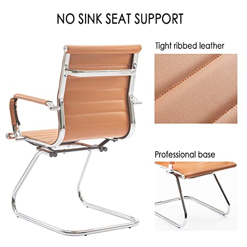 Image of HNY Leather Office Guest Chairs & Reception Chairs Set of 6, Modern Waiting Room Chairs with Arms, Desk Chair no Wheels with Sled Base for Waiting Room /Conference Room, Cognac