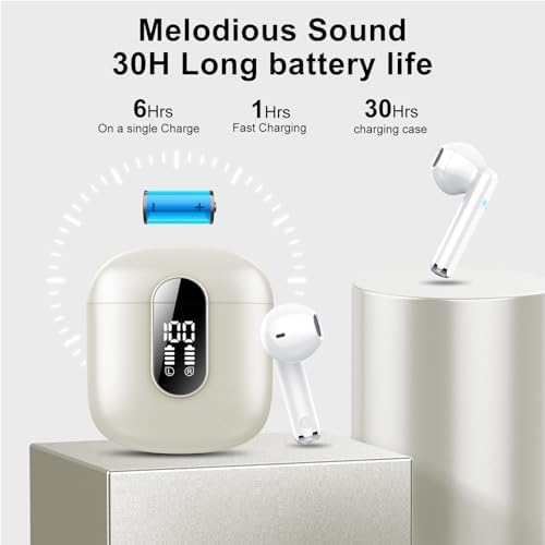 Wireless Earbuds, Bluetooth 5.3 Headphones HiFi Stereo, Mini in-Ear Bluetooth Earbuds, Wireless Earphones with 4 ENC Noise Cancelling Mic, IP7 Waterproof, LED Display, Touch Control Ear Buds, White - 4