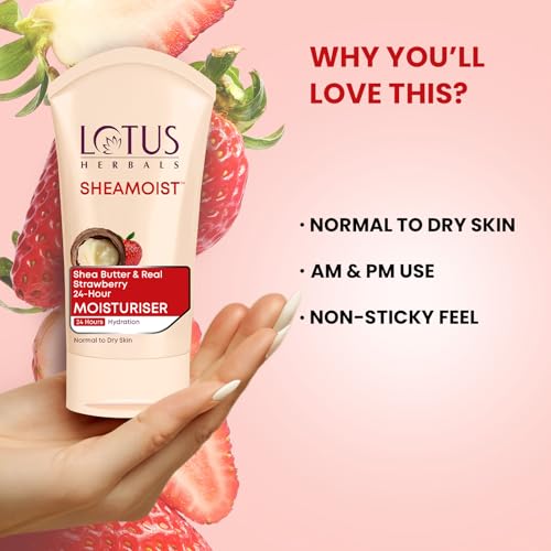 Image of Lotus Herbals Sheamoist Shea Butter and Real Strawberry 24 Hour Moisturiser for Normal to Dry Skin, 100g (Pack of 2)