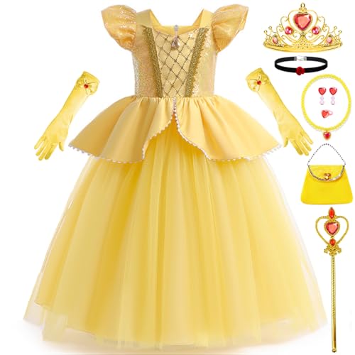 Snyemio Vestido de Princesa Bella Disfraz la Bella y la Bestia con Accesorios para Fiesta de Cumpleaños Carnaval Navidad