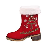 Winter Wonderland Women's Christmas Snowflake Embroidered Boots, Red Suede with Faux Fur Trim, Fleece Lined, Platform Lugged Sole, Mid-Calf Winter Snow Boots