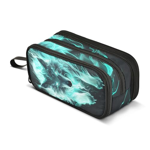 Image of White Green Wolf Lightning Fire Pencil Case Large Capacity Pencil Pouch Boys Girls 3 Compartment Pen Bag School Office Stationery Organizer