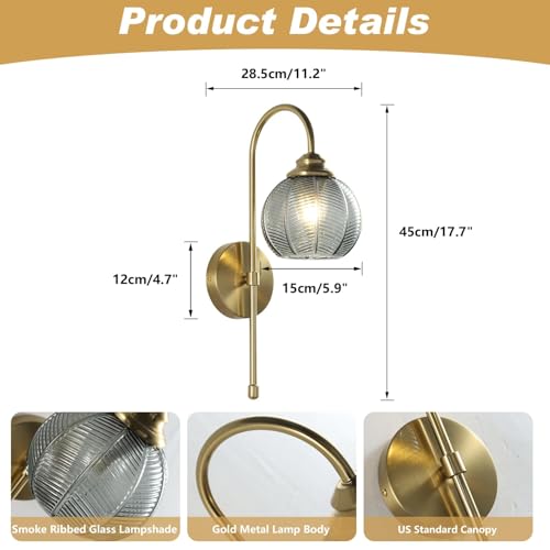 Image of KCO Lighting Brushed Gold Wall Sconce Set of Two Vintage Smoked Glass Wall Lights Mid Century Bathroom Light Sconces Set of 2 Modern Globe Wall Sconce Long Arc Wall Light