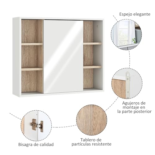 Miniatura 4 de Homcom Armario Espejo Con Espacio Interno Con Estantes Ajustables Armario De Baño Montado En La Pared Con Estantes Abiertos 60x14,5x49,4 Cm Blanco Y Roble