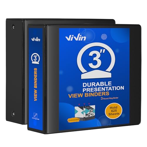 ViVin 3 Ring Binder 3 inch with Clear View Cover Large 3 Round Ring for Strength Holds 600 Sheets of US Letter Size Paper Office Home School 2 Pack (Black)