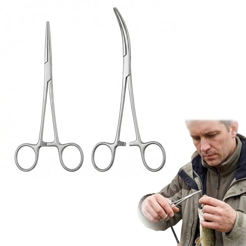 2 Pcs Versatile Angling Tools with Hemostat Forceps Set, Curved & Straight Stainless Steel Forceps with Serrated Jaws, Multi-Stage Locking Mechanism, Lightweight Precision Tool for Angling