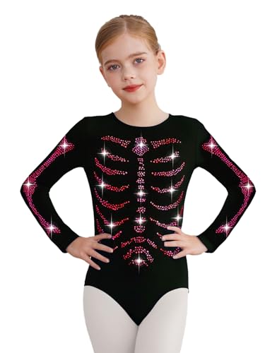 Oyolan Leotardo De Esqueleto De Halloween Para Niñas Maillot De Gimnasia Manga Larga Negro Disfraz De Baile Fiesta Actuación Rosa caliente 5-6 años