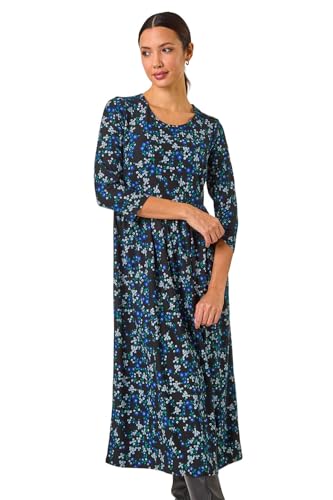 An image depicting Roman Originals Midi Dress with Pockets for Women UK Ladies Stretchy Jersey Maxi Long 3/4 Length Sleeve Gathered High Waist Boho Flattering Skater Swing Fit Flare - Blue Noir - Size 12