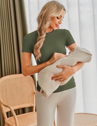Ekouaer Maternity Shirts Womens 3 Packs Short Sleeve Ribbed Pregnancy Tops Side Ruched Crew Neck Tunic Mama Clothes Black/Grey/Army Green S — view 2