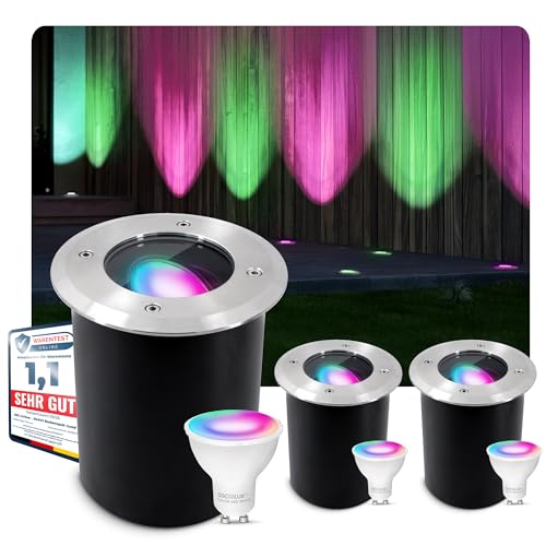 SSC-LUXon 3er Set JUAVI Bodeneinbaustrahler Aussen schwenkbar LED Smart GU10 WLAN RGB CCT - Bodenstrahler befahrbar Steuerung per App & Sprache
