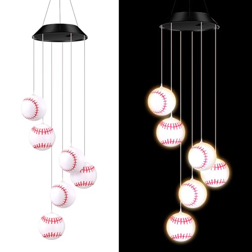 Wonderjune Solar Wind Chimes Sport Party Favors Outdoor LED Lights Birthday Theme Hanging Decoration Mobile Wind Chime for Garden Patio Yard Porch Sports Bar Team Party Gifts(Baseball)