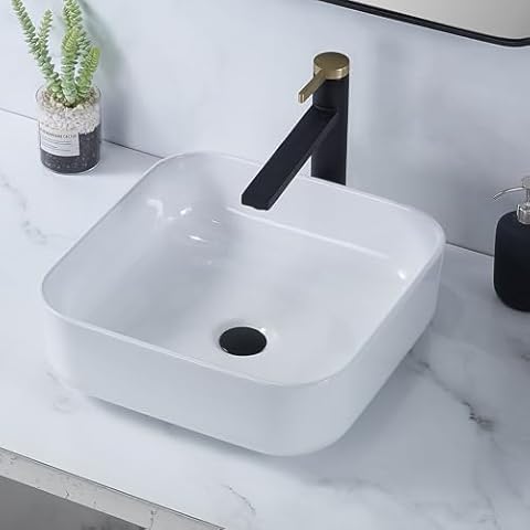 15x15 Inch Square Vessel Sink, VAPSINT 15 Inch Small Bathroom Sink Above Counter White Ceramic Porcelain Vessel Vanity Sink Lavatory Art Basin Cover