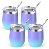 Volhoply Kubek do wina ze stali nierdzewnej 12oz z pokrywką, zestaw 4 sztuki, 350ml podwójne ścianki próżniowe kieliszki do wina bez nóżek, metalowy podróżny kubek do kawy ze słomką, izolowany kubek