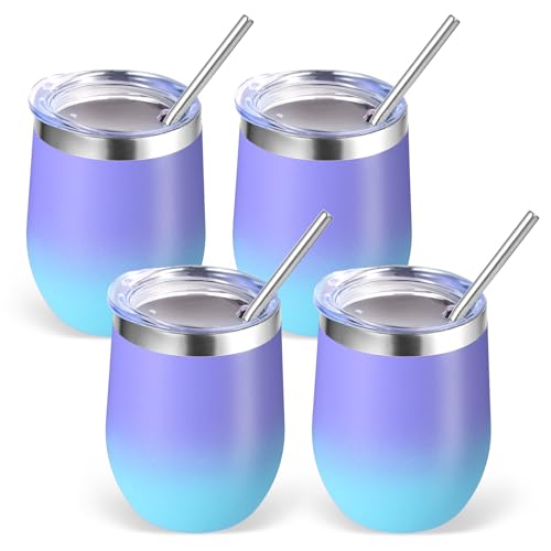 Volhoply 12oz Edelstahl Wein Becher mit Deckel Bulk 4 Pack,350ml Doppelwandige Vakuum Stemless Weingläser,Metall Reise Kaffee Becher mit Strohhalm,Isolierte Tasse Geschenke（Lila Bule,4 Set）