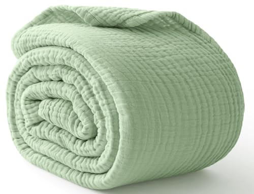 Image of 100% Cotton Muslin Blanket King 108 inch x 90 inch, 6 Layers Breathable and Lightweight Cotton Throw Blanket for Bed, Soft Quilt Bedspread Coverlet, Gauze Blanket for Adults All Season, Sage Green