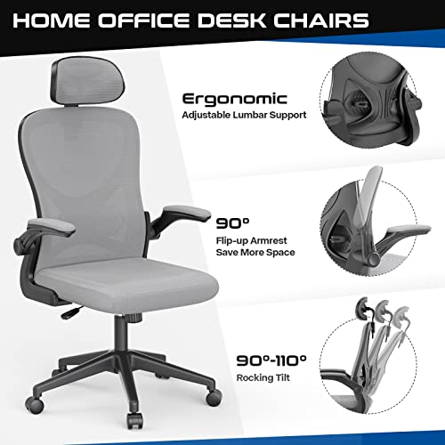 Laziiey Home Office Chairs With Flip Up Arms, Comfortable Computer Desk Chair With Wheels Adjustable Headrest And Lumbar Support For Home Office (Grey) #TOP1