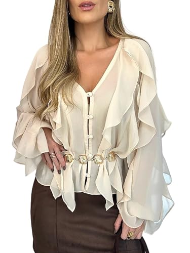 CHICME Women's V Neck Ruffle Blouses Button Down Dressy Casual Top Fashion Long Sleeve Fall Chiffon...