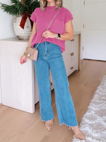 Image of Imily Bela Summer Fall Short Sleeve Sweater for Women | 2026 Crew Neck Ribbed Knit Vests Trendy Pullover Tops,Sweater Tank Tops,Sweater Vest