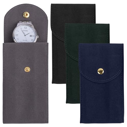 Framendino, 4 Pack Velvet Watch Pouch with Snap Button Single Portable Travel Case Storage Bag Protective Box for Jewelry Organizer (Grey & Green Navy Blue)