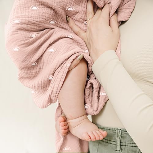 Konssy Muslin Swaddle Blankets for Baby Girls Boys, 3 Pack Receiving Blanket Large 47 x 47 inches, Soft Breathable Muslin Baby Blanket for Unisex Newborn (Peach Blossom Sun)