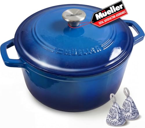 Mueller 6qt Enameled Cast Iron Dutch Oven, Heavy-Duty Casserole and Braiser Pan with Lid and Knob, Safe for All Cooktops, Aqua Blue