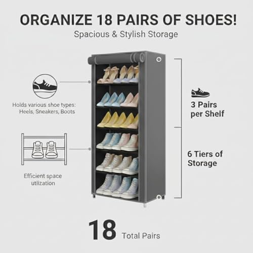 Image of EASY BUY Shoe Rack with Cover | Plastic Rack 6 Shelves with Zip Cover & Side Pockets | Dustproof Multiuse Storage Organizer for Footwear, Toys, Shoe Rack Plastic, Slipper Stand, Grey