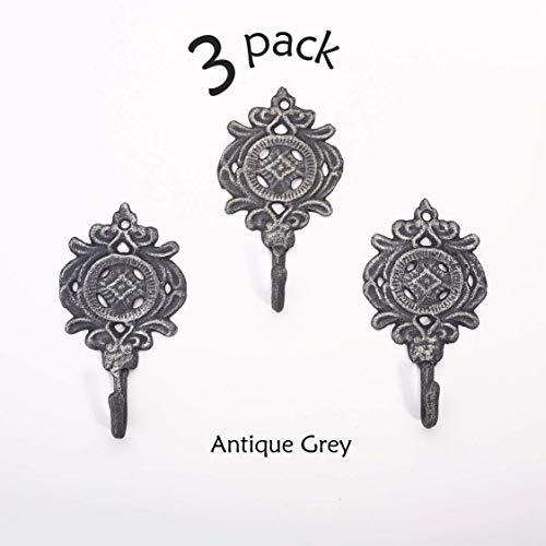 Ambipolar Indian Leaf Hook Antique Decorative Vintage Style Heavy Duty Wall Coat Hooks . Pack Of 3 .(Matt Grey) #TOP3
