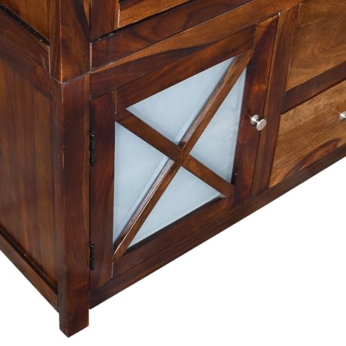 Image of Cross Pattern Solid Wood 3-Door Wardrobe with Mirror in Provincial Teak Finish