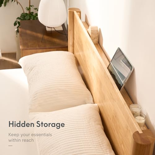 Image of FLEXISPOT Hako G2 Japanese Joinery Bed Frame, Solid Rubberwood King Platform Bed with Storage Headboard, IAS&SGS Certified, Japandi Minimalist, No Tools Assembly, 1500lb Capacity, 10-Year Warranty