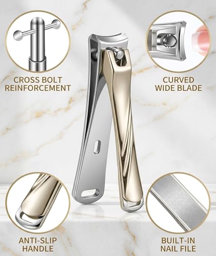 Image of 3Pcs Nail Clipper Set for Adults and Seniors, Professional Grooming Kit with Angled Design for Thick Nails, Champagne Gold, Nail Care Tools with Wide Opening and Nano File