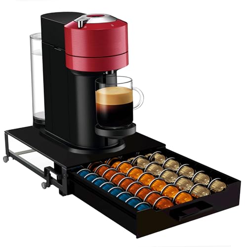 Coffee Pod Holder Rolling Drawer Organizer with Deluxe Piano Black Tempered Glass Top, Compatible for All Nespresso Vertuo Pods, Holds up to 75 Small or 50 Big Vertuo Pods