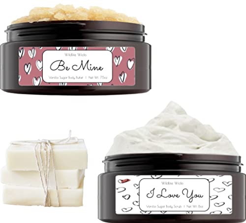 Valentines Day Soap + Body Care Gift Set, Spa Gift for Her | Whipped Body Butter, Body Scrub + 3 Soap Bars | I Love You, Be Mine, Valentines | Handmade in the USA