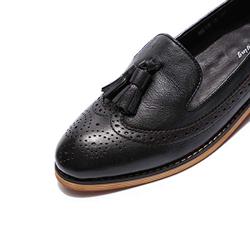 Image of Mona flying Women's Leather Tassel Loafers Slip on Brogue Flat Office Shoes