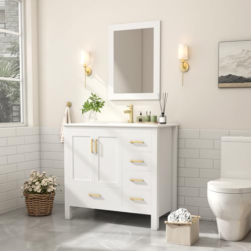 36\" Bathroom Vanity with Sink, Faucet, Ceramic Sink, Mirror, Pop up Drain, Drain Pipe, 9/16\'\' Hot and Cold Pipes, Soft-Close Doors, and 5 Drawers, 35.8 \"x18.3 x33, for Bathroom. (White) - Thumbnail 6