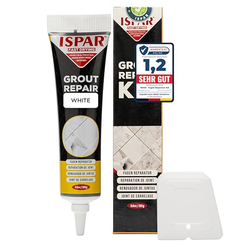 ISPAR Fugenweiß Set 250g - Fugenfarbe für Bad & Küche Für Fliesenfugen & Fugenreparatur - Gebrauchsfertige schnell trocknende Fugenmasse mit Spachtel Geruchsneutral & Praktisch