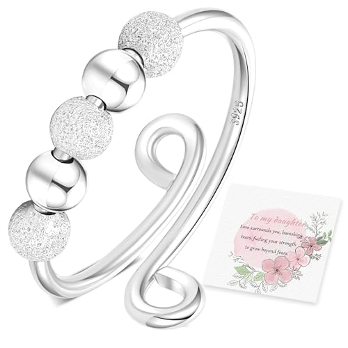 Senteria 925 Sterling Silver Anxiety Rings for Women Adjustable Fidget Rings for Anxiety with Beads Silver Stress Spinner Thumb Rings for Women with Daughter