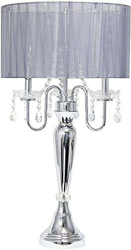 Oakestry Stylish Designs Romantic Sheer Shade Table Lamp With Hanging Crystals Gray Shade Decor For Bedroom Living Room House Home Entryway #TOP2