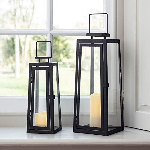 Lights4fun Set of 2 Decorative Candle Lanterns Black Metal Battery Operated with Timer Warm White LED Indoor Outdoor Use 40cm