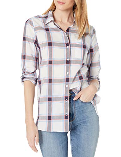 Amazon Brand - Goodthreads Women's Cotton Dobby Long-Sleeve Button-Front Tunic Shirt, White/Blue/Coral Open Plaid, Large