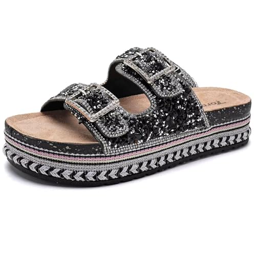 Torotto Womens Slides with Cork Footbed Open Toe Adjustable Webbing Flat Sandals for Walking | Beach | Indoor